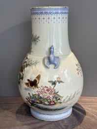 A Chinese famille rose 'quails' 'hu' vase, signed Xiong Mengting 熊夢亭, dated 1969