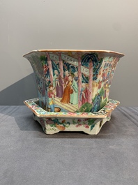 A Chinese Canton famille rose hexagonal jardini&egrave;re and stand with narrative design, 19th C.