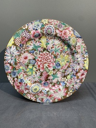 A Chinese famille rose 'millefleurs' dish and two plates, Qianlong and Jiu Jiang Jin Hua 九江錦華 mark, 20th C.