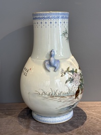 A Chinese famille rose 'quails' 'hu' vase, signed Xiong Mengting 熊夢亭, dated 1969