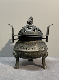 Two Chinese archaistic bronze censers, one with cover, 'ding 鼎', Song/Yuan
