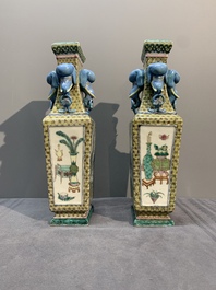 A pair of rectangular Chinese famille verte 'elephant' vases, 19th C.