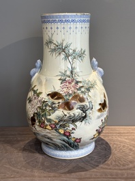 A Chinese famille rose 'quails' 'hu' vase, signed Xiong Mengting 熊夢亭, dated 1969