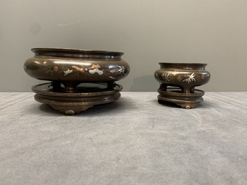 Two Vietnamese silver-inlaid bronze censers on stand, Đức Từ 德祠 mark, 19th C.
