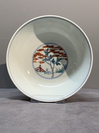 A Chinese doucai 'deer' bowl with gilt bronze stand, Chenghua mark, 18th C.