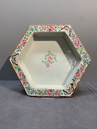 A Chinese Canton famille rose hexagonal jardini&egrave;re and stand with narrative design, 19th C.