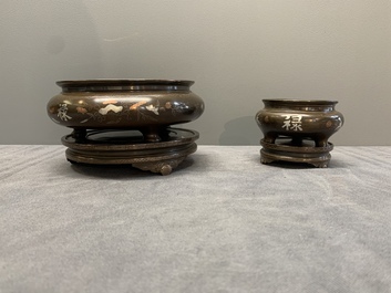 Two Vietnamese silver-inlaid bronze censers on stand, Đức Từ 德祠 mark, 19th C.