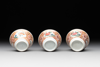 Seven Chinese blue, white and famille rose cups, six saucers and two English-decorated jarlets, Kangxi/Yongzheng