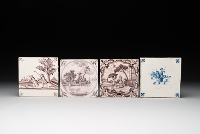 Fourteen blue, white and manganese Dutch Delft tiles, 18th C.