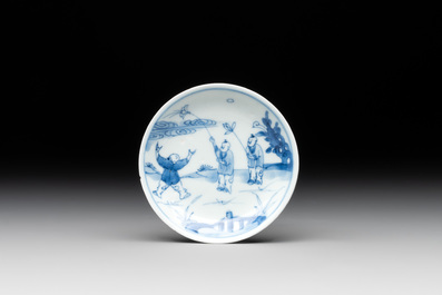 Seven Chinese blue, white and famille rose cups, six saucers and two English-decorated jarlets, Kangxi/Yongzheng