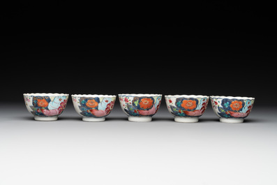 Five Chinese famille rose 'tobacco leaf' cups and saucers, Qianlong