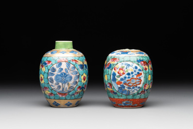 Seven Chinese blue, white and famille rose cups, six saucers and two English-decorated jarlets, Kangxi/Yongzheng