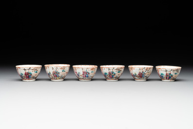 Six Chinese Canton famille rose 'mandarin subject' cups and ten saucers, Qianlong