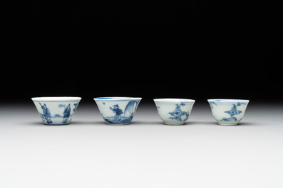 Seven Chinese blue, white and famille rose cups, six saucers and two English-decorated jarlets, Kangxi/Yongzheng