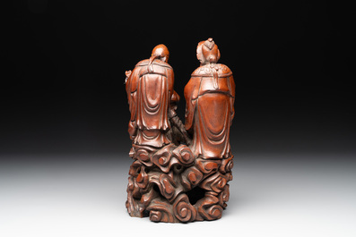 A Chinese carved wooden 'Fu Lu Shou' group, 19/20th C.