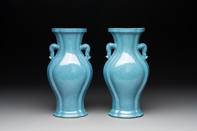 A pair of Chinese robin's egg-glazed vases with 'elephant' handles, 19th C.