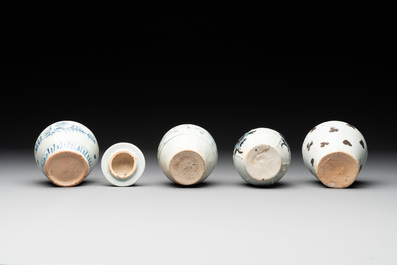 Five Chinese blue and white jarlets and three russet-splashed Longquan celadon jarlets, Yuan/Ming