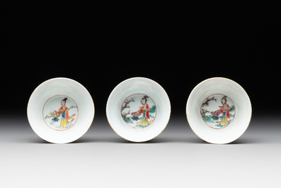 Seven Chinese blue, white and famille rose cups, six saucers and two English-decorated jarlets, Kangxi/Yongzheng