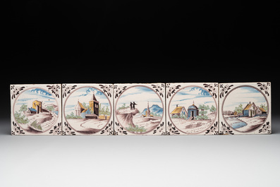 Ten polychrome Dutch Delft 'medallion' 'landscape' tiles, 19th C.