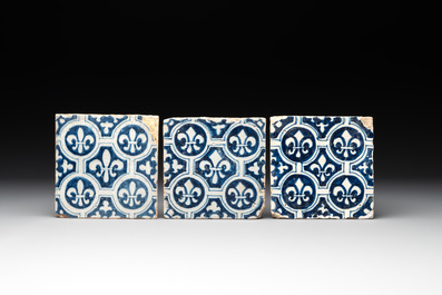 Six blue, white and polychrome Dutch Delft tiles, 17th C.