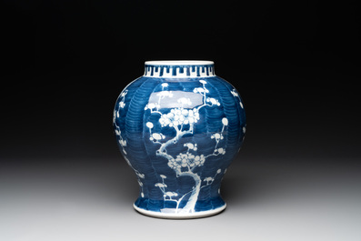 A pair of Chinese blue and white 'gu' vases, three jars, a plate and a plaque, Kangxi mark, 19th C.