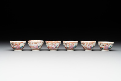 Six Chinese Canton famille rose 'mandarin subject' cups and ten saucers, Qianlong
