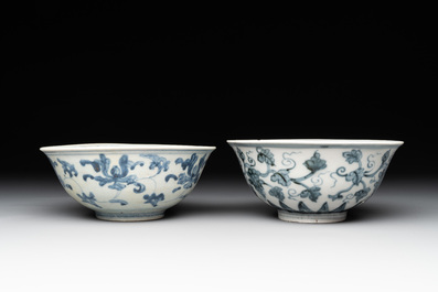 Two Chinese blue and white bowls, two jarlets and two ewers, Ming