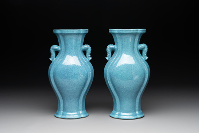 A pair of Chinese robin's egg-glazed vases with 'elephant' handles, 19th C.
