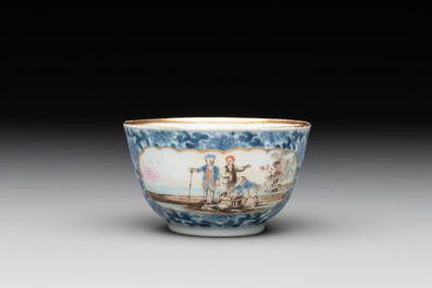 A Chinese export famille rose cup and saucer with a herring merchant, Qianlong