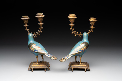 A pair of Chinese cloisonn&eacute; pigeons mounted as candelabras, 19th C.