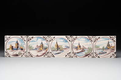 Ten polychrome Dutch Delft 'medallion' 'landscape' tiles, 19th C.