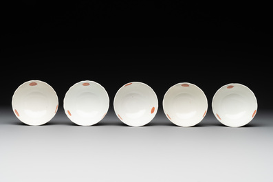 Five Chinese famille rose 'tobacco leaf' cups and saucers, Qianlong