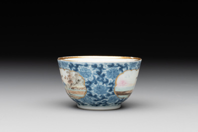 A Chinese export famille rose cup and saucer with a herring merchant, Qianlong