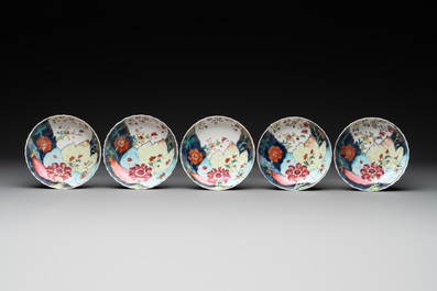 Five Chinese famille rose 'tobacco leaf' cups and saucers, Qianlong