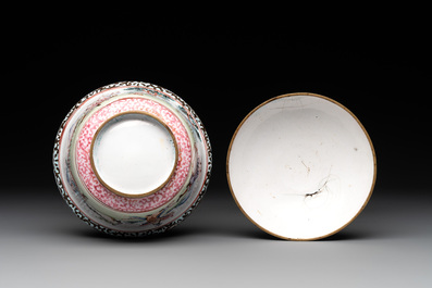 A Chinese Canton enamel 'foreigners' bowl and cover and a 'erotical subject' plate, Yongzheng/Qianlong