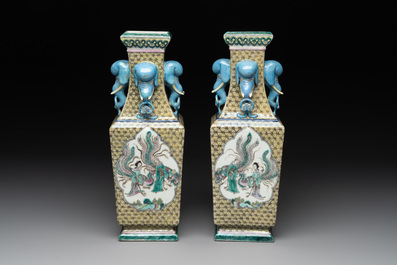 A pair of rectangular Chinese famille verte 'elephant' vases, 19th C.