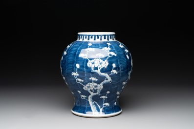 A pair of Chinese blue and white 'gu' vases, three jars, a plate and a plaque, Kangxi mark, 19th C.