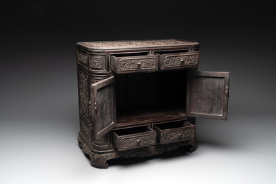 A Chinese zitan wood 'duo bao ge' cabinet of curiosities with carved floral design, 19th C.