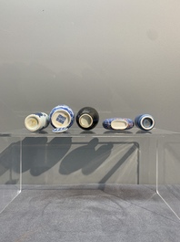 Five Chinese blue and white, iron-red and mirror-black-glazed snuff bottles, Qianlong mark, 19th C.