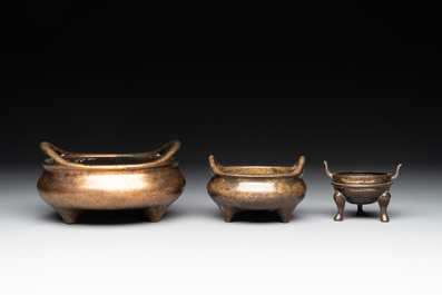 Three Chinese bronze censers, Xuande mark, Ming/Qing
