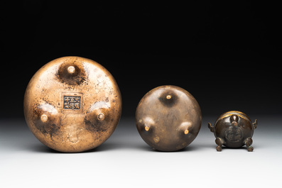 Three Chinese bronze censers, Xuande mark, Ming/Qing