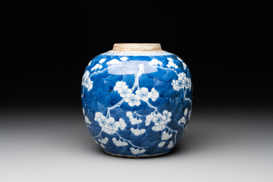 A pair of Chinese blue and white 'gu' vases, three jars, a plate and a plaque, Kangxi mark, 19th C.