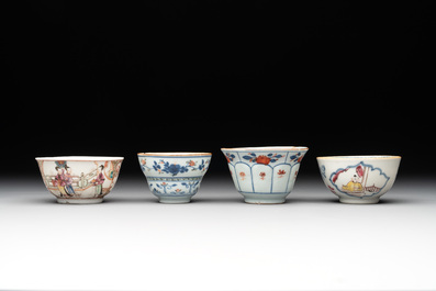 A collection of 12 pieces Chinese famille rose, vert and Imari-style cups and saucers, Yongzheng/Qianlong