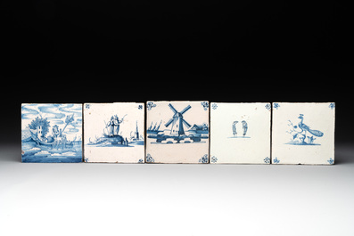 Fourteen blue, white and manganese Dutch Delft tiles, 18th C.