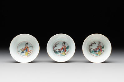 Seven Chinese blue, white and famille rose cups, six saucers and two English-decorated jarlets, Kangxi/Yongzheng