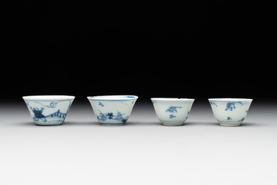 Seven Chinese blue, white and famille rose cups, six saucers and two English-decorated jarlets, Kangxi/Yongzheng