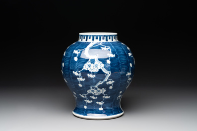 A pair of Chinese blue and white 'gu' vases, three jars, a plate and a plaque, Kangxi mark, 19th C.