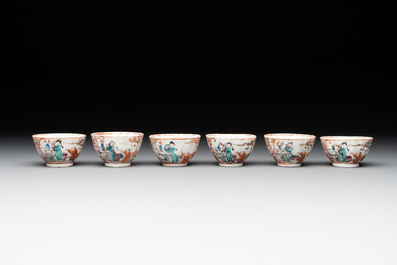 Six Chinese Canton famille rose 'mandarin subject' cups and ten saucers, Qianlong