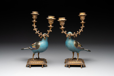 A pair of Chinese cloisonn&eacute; pigeons mounted as candelabras, 19th C.