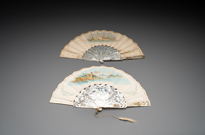 Two folding fans, watercolour on paper and mother-of-pearl, France, 19th C.